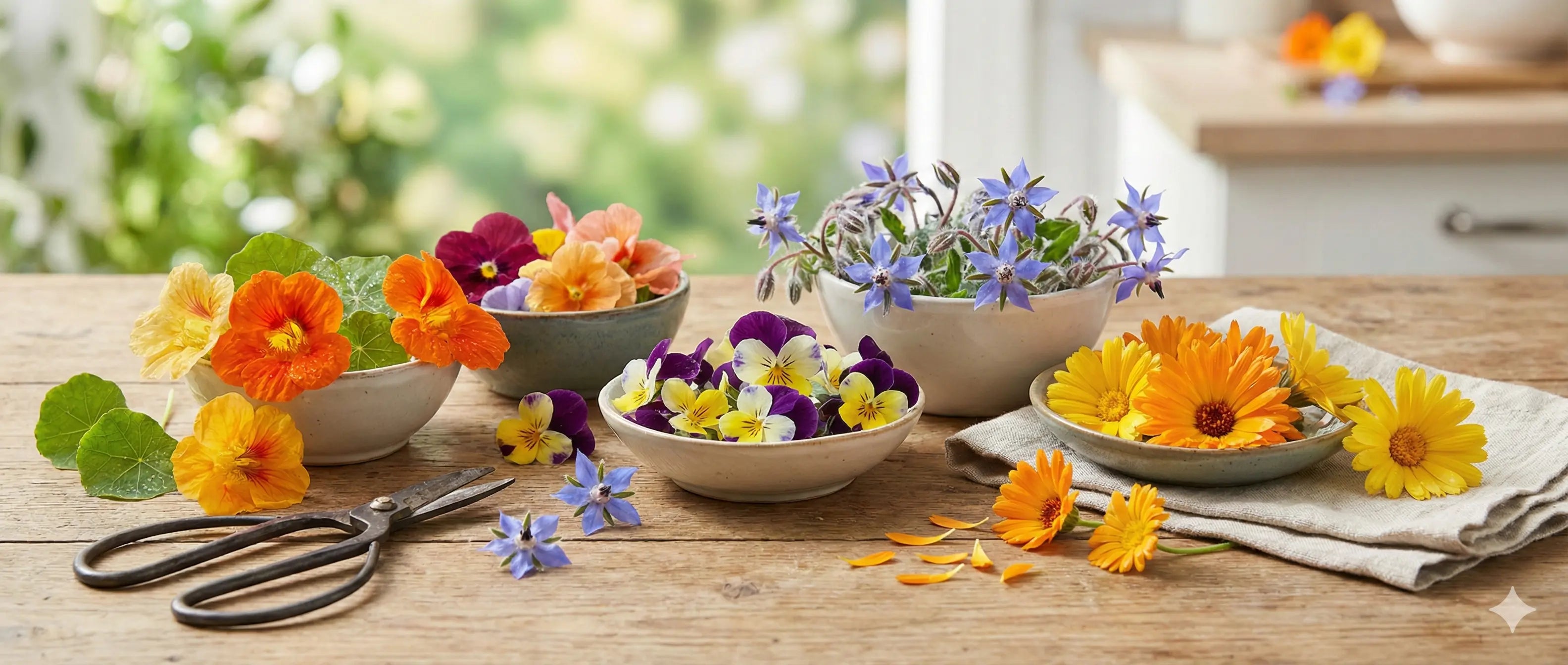 Colorful edible flowers in white bowls on a wooden table
